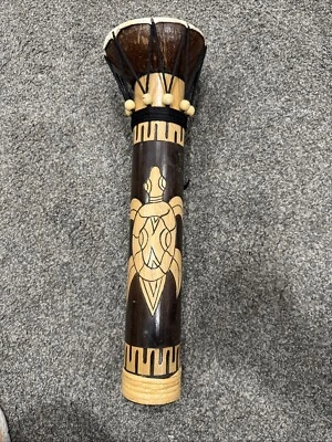 Tribal Djembe Drum Coconut Bamboo with Carved Turtle Design 18” Tall - Image 1 of 4