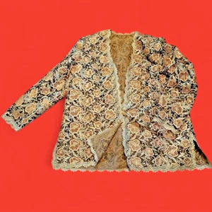 VINTAGE HANDMADE EVENING JACKET sz 20 mesh tinsel sheer cardigan gold brown 6I - Picture 1 of 10