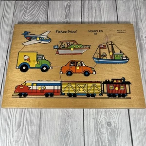 Vintage Fisher-Price Wooden Jigsaw Vehicles Age 1.5-4 Plane Boat Train Car 508-E - Picture 1 of 9