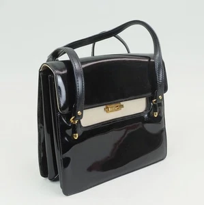 Kleine Handtasche 60er Jahre schwarzer Lack helles Leder eckige Form - Bild 1 von 9