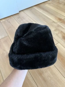 Vintage Faux Fur Ear Warmer Cap Hat Russian Style XL Black Union Made - Picture 1 of 12