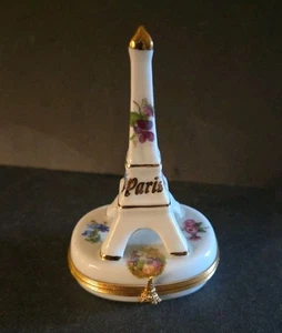 PORCELAIN EIFFEL TOWER PARIS LIMOGES FRANCE 22 K GOLD 4” TRINKET COLLECTIBLE BOX - Picture 1 of 9