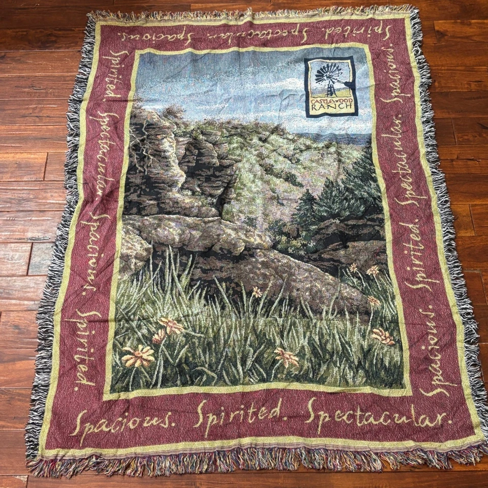 Vintage Castlewood Ranch Woven Tapestry Throw Blanket Scenic Landscape Windmill - Image 1 of 4