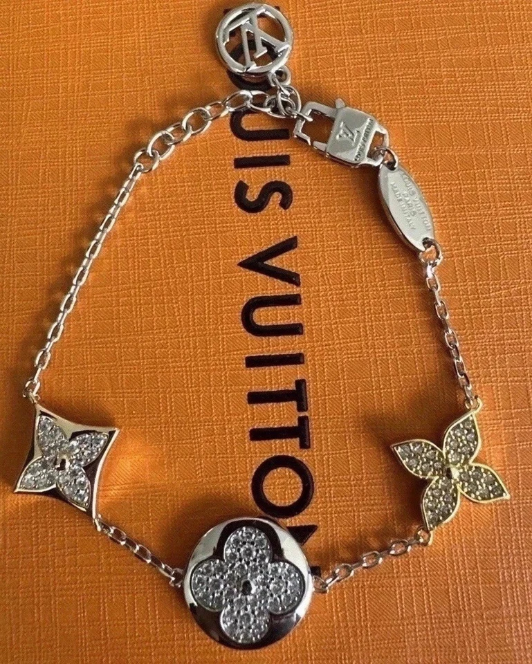 LOUIS VUITTON LV icônico pulseira de prata com logotipo dourado e rosa trevo flores CAIXA EXCELENTE ESTADO - Imagem 1 de 4