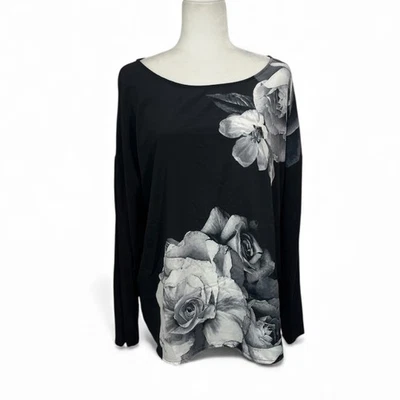 Camisa Top Chico's Talla 4 XXL Negra Manga Larga Estampado Floral Rosa Oscura Romántica Foto 1 de 4