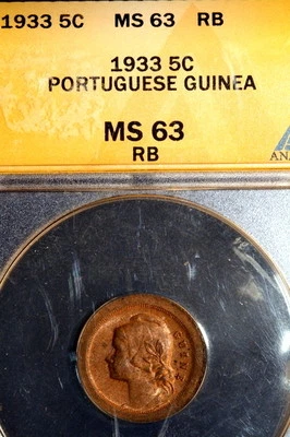 1933 ANACS MS63  Portugese Guinea KM-01 Five Centavos - Image 1 of 3