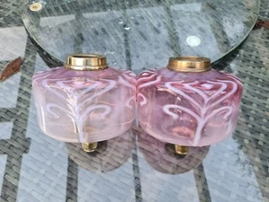 PAIR Original Victorian Pink Opaline Glass Peacocks Tail Oil Lamp Fonts Duplex - Picture 1 of 2
