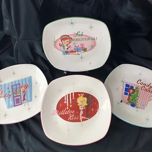 Sakura Christmas Cuties Dessert Plates 8" Square Retro Atomic Set Of 4 - Picture 1 of 8