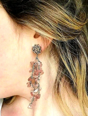 BRINCOS Saachi quartzo rosa blush pedra lascas lustre boho hippie cigano - Imagem 1 de 4