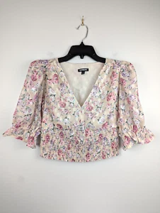 Express Women's Floral Puff Sleeve Smocked V-Neck S Cropped Top Boho Cottagecore - Imagen 1 de 9
