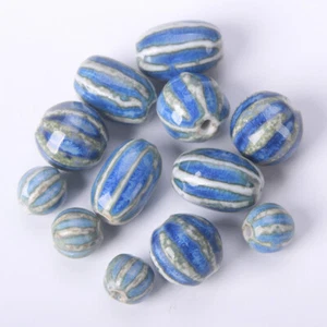 10pcs Fambed Blue Pumpkin Shape Round/Oval 11mm/20x14mm Ceramic Porcelain Beads - Picture 1 of 5