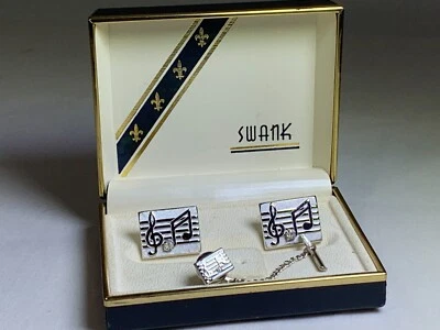 Gemelos y tachuelas de plata vintage de los años 50 con diamantes de imitación clave aguda notas E y G Foto 1 de 4