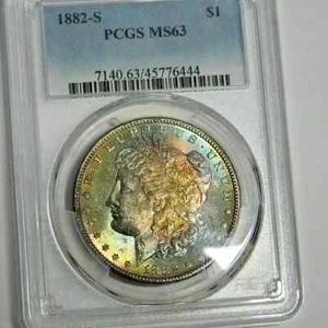 1882-S $1 Morgan Silver Dollar - RAINBOW Toned - PCGS MS63 - - Picture 1 of 9