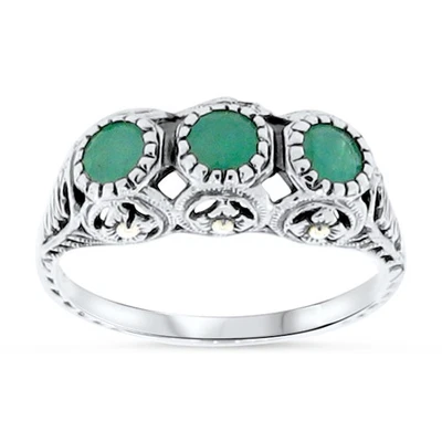 GENUINE EMERALD 925 STERLING SILVER 3 THREE-STONE ANTIQUE STYLE RING        046X - Image 1 of 4