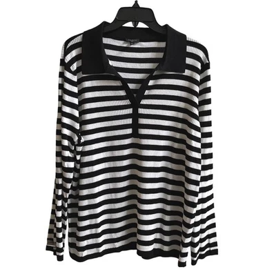 Top Talbots Talla Grande 2X Negro Blanco Rayas Tejido Manga Larga Cuello Foto 1 de 4