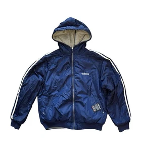 Vintage 90s Adidas Men’s Reversible Hooded Puffer Jacket Medium Retro Navy Blue - Picture 1 of 14