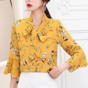 26) Stylish Floral Print Chiffon Shirt Bow Detail Spring Summer Fashion - Picture 1 of 35