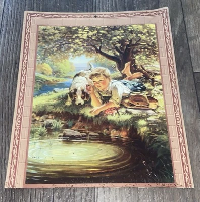 Vintage Printed Litho Boy & Dog At Creek Telephone Numbers Wall Hanging - Image 1 of 4