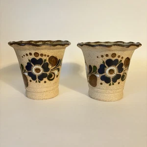 Paar Tonala Mexiko Sandstein Keramik geraffter Rand Töpfe Pflanzgefäße Floral 4" - Bild 1 von 15