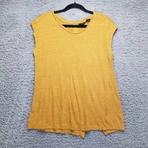 Camisa Tahari Mujer Mediana Marrón Mostaza Amarillo 100% Lino Botón Espalda Blusa - Imagen 1 de 9
