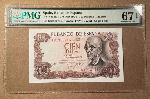 1970 (1974) Spain 100 Pesetas - Madrid Pick# 152a PMG 67 EPQ S/N 6B1933745 Cover