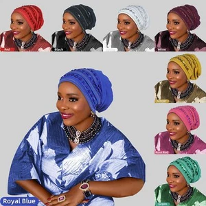 Nigerian Hijab Cap Aso Oke African Headtie Auto Gele Women Turban Hat Head Wrap - Picture 1 of 28