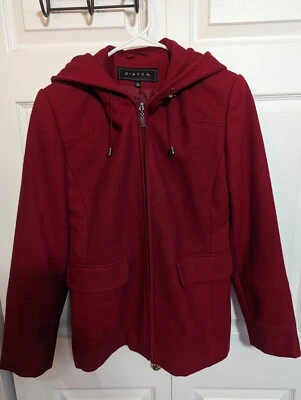 Casaco vermelho feminino Giacca pequeno zíper completo lã com capuz e bolsos manga longa - Imagem 1 de 4