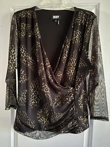 DKNY 3/4 Sleeve Wrap Blouse Women’s Size XL 16 Animal Print Semi-Sheer Ruched - Picture 1 of 5