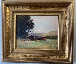Angebotene Künstlerin Felice Hrovat im Stil von Paul Lauritz Gemälde Landschaft Scheune - Bild 1 von 4