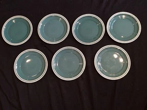 Vintage Lot of 7 Harker Pate Sur Pate Ware Dark Green Teal Dinner Plates - Picture 1 of 5