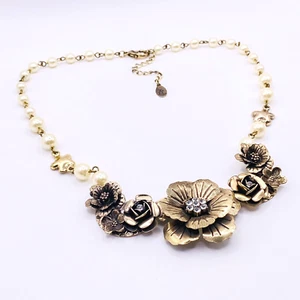 ACCESSORIZE Faux Pearl Brass Tone Floral Statement Necklace 48cm Chain Flower - Picture 1 of 7