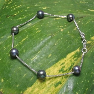 Black Cultured Pearl Bracelet w/ 925 Sterling Silver Box Chain Links - TPJ - Picture 1 of 1