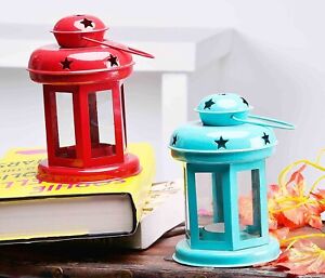 Hanging Tealight Candle Holder Iron Lantern Table Top Indoor Set of 2 Blue & Red