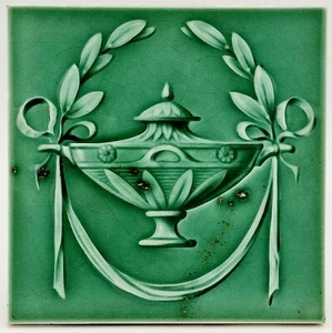 Art Nouveau Fireplace Majolica Green Tile Urn Floral Design Corn Bros C1908 - Picture 1 of 3