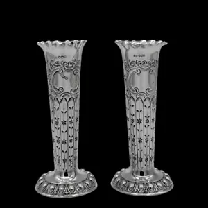Victorian Sterling Silver Pair Vases Sheffield 1898 Henry Atkin - Picture 1 of 8