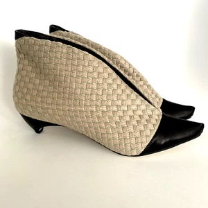 THE CURRENT NEW YORK HANDMADE Linen & Genuine Leather Pointy Boots 7.5 fit 6.5 - Picture 1 of 23
