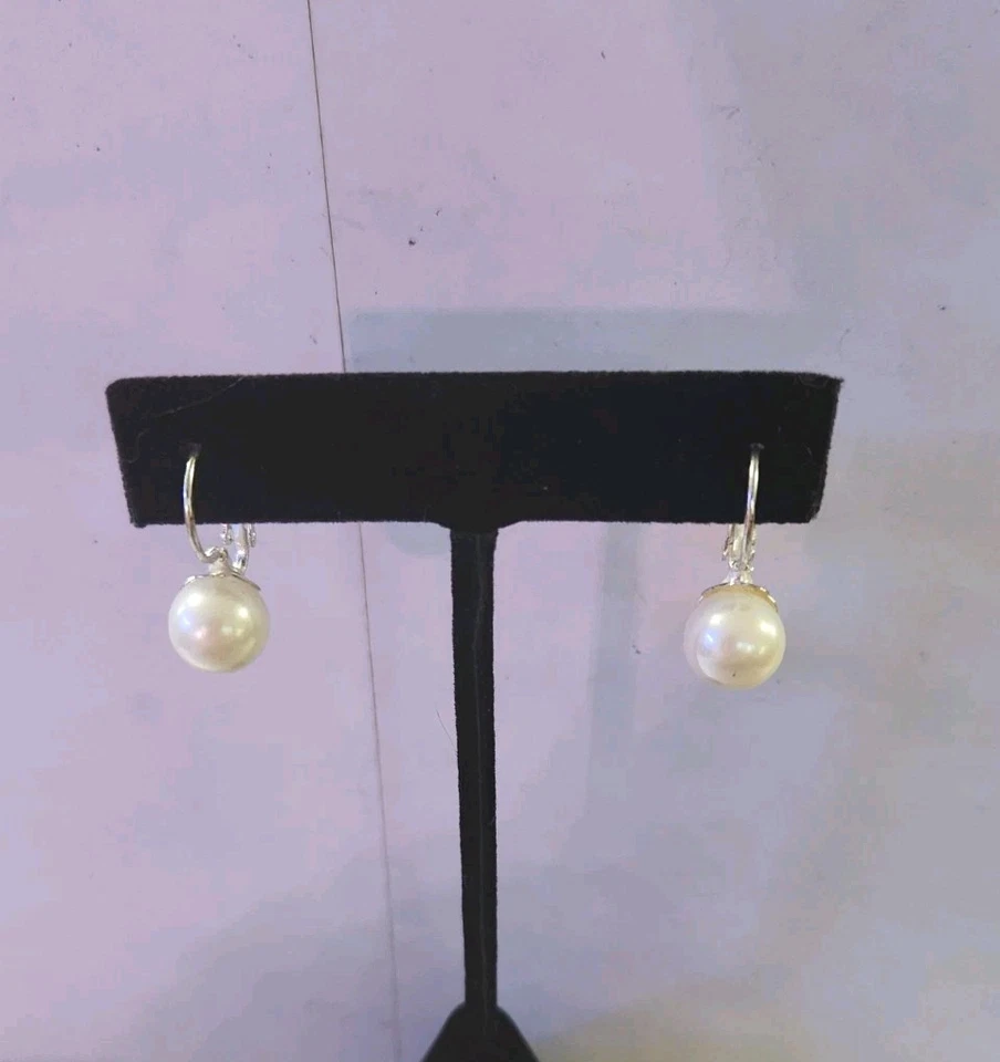 Classic White Simulated Pearl Drop Dangle Silvertone Earrings 1.0" - Image 1 of 2