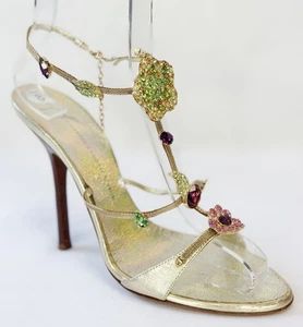 GIUSEPPE ZANOTTI Rhinestone Ankle Strap Sandal Heels 38 Gold Multicolor Flower 8 - Picture 1 of 10