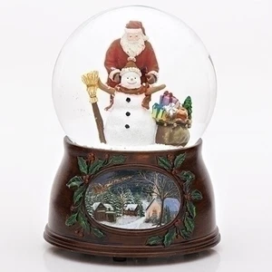 5 Inch Musical Santa and Snowman Glitterdome Wood Look Base Windup 100 MM New - Picture 1 of 4