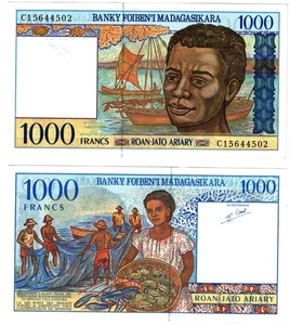 1994 Madagascar P75b 1000 Francs  Ariary banknote UNC - Picture 1 of 1