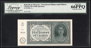 1940 Bohemia & Moravia, SPECIMEN, 5 Korun, Pick-4s, Legacy 66 UNC - Picture 1 of 4