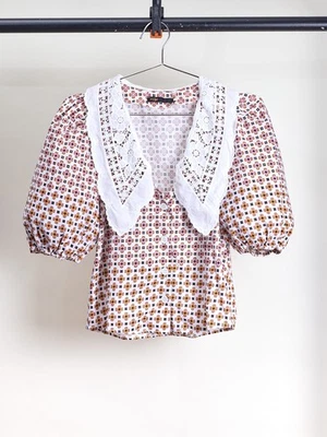 MAJE Cosange Embroidered Lace-Trimmed Collar Printed Linen Shirt Women’s Large - Image 1 of 4