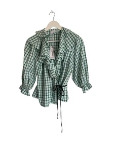 Warehouse Wrap Top Ruffles Check Green Blouse New Size 8 RRP £45 - Picture 1 of 4