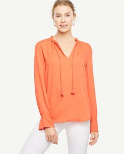 Ann Taylor - Petite MP (8P-10P) Coral Blaze Orange Tassel Blouse $79.50 (H) - Picture 1 of 3