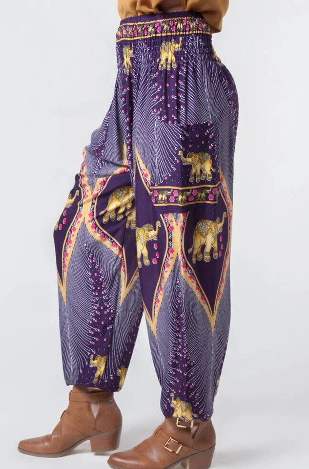 Women's Purple Elephant Harem pants Elastic Waist hippie Boho Yoga Small - Image 1 of 4