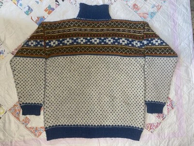 复古 70 年代 80 年代羊毛 Fair Isle 斯堪的纳维亚高领毛衣白色蓝色 S M — 第 1/4 张图片