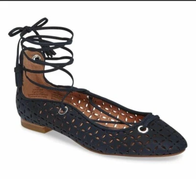 HALOGEN Perforated Suede Lasercut Lace Up Ballet Flats Shoes Size 8 Black - Image 1 of 4