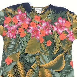 Vintage Connections Women's Green Hawaiian Print Short Sleeve Button Up Shirt M - Picture 1 of 5