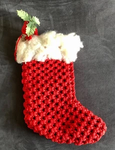 Vintage Handmade Macrame w/Jingle Bells & Ivy Christmas Stocking - 14" Tall - Picture 1 of 2
