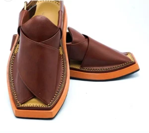 handmade leather peshawari chappal charsadda made double sole kaptaan brown - Picture 1 of 3